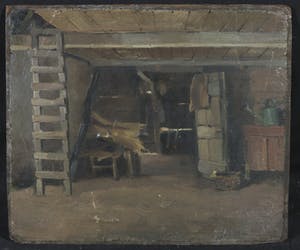 Johannes C. Roelandse - Olieverf op doek (verlijmd op paneel), Stal interieur kopen? Bied vanaf 30!