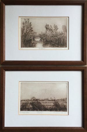 Ronald J. Schuurman - 'Lelystad' & 'Bruggetje' | set van 2 etsen (1x droge naald) - in sepia tint kopen? Bied vanaf 65!