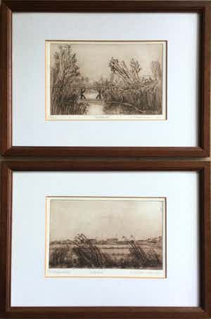 Ronald J. Schuurman - 'Lelystad' & 'Bruggetje' | set van 2 etsen (1x droge naald) - in sepia tint verkocht voor € 65!
