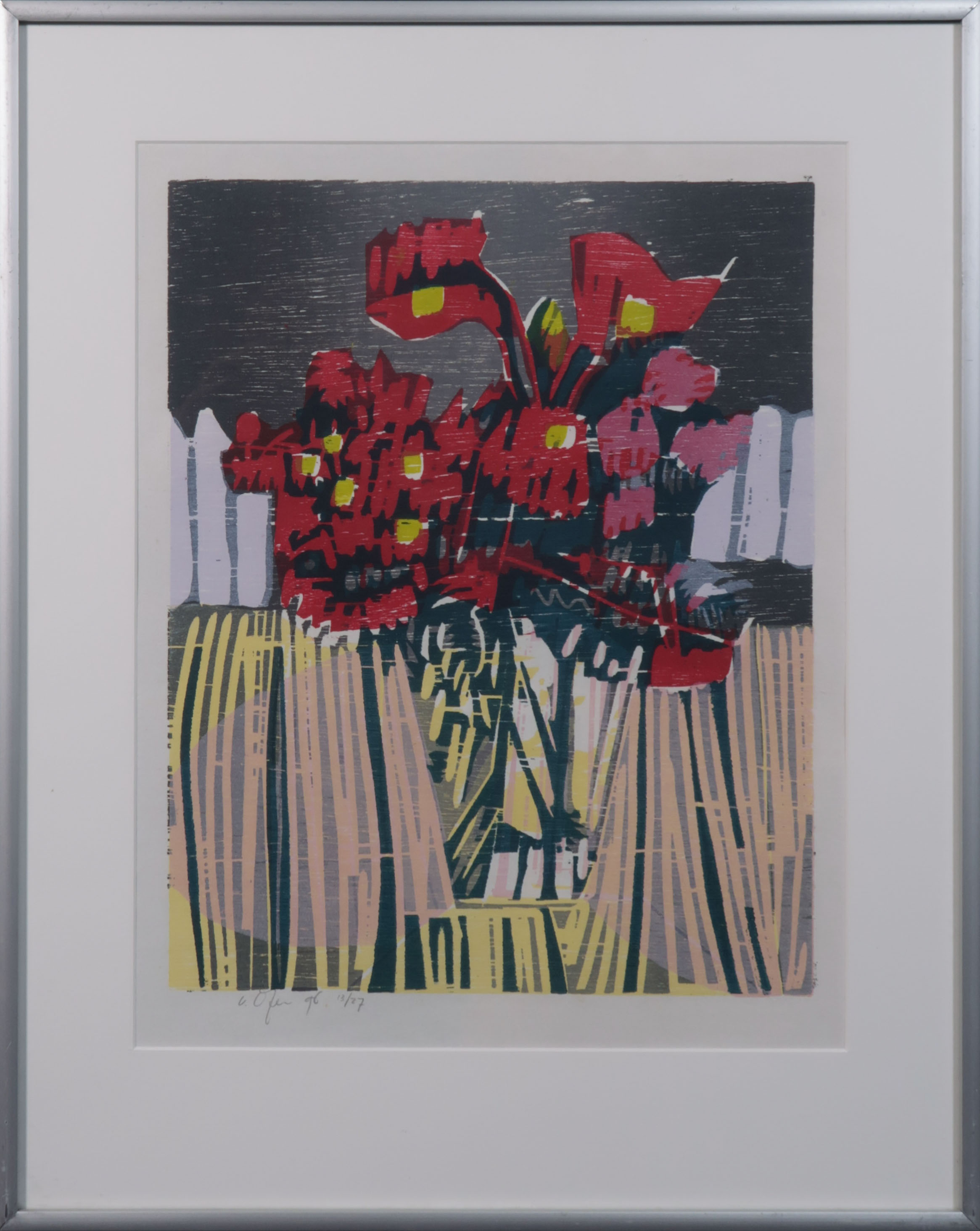 Vincent van Ojen - Linosnede, Chrysanten - Ingelijst verkocht voor € 60!