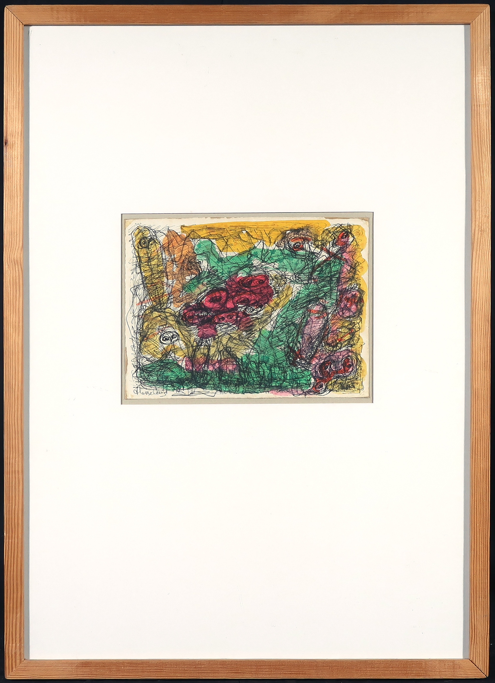 Henk Hesselius - Pentekening en aquarel, Wat gebeurt er om mij heen - Ingelijst verkocht voor € 1!