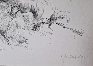 Jan Mensinga - unieke jaren 80 proefdruk monochrome lithografie "man met haan" kopen? Bied vanaf 35!