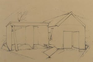 Anton Rinzema - Potloodtekening, Twee schuurtjes kopen? Bied vanaf 35!