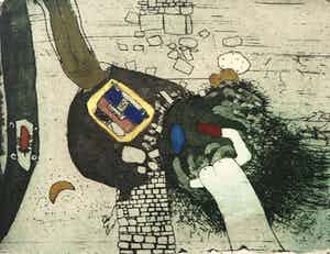 Michel van Overbeeke - Breaking down, kleurets met bladgoud - ingelijst verkocht voor € 75!