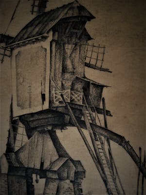 Dirk Kruizinga - oprichter "de Brug" - Grote Houtskool tekening "Weide Molen" gesigneerd kopen? Bied vanaf 10!