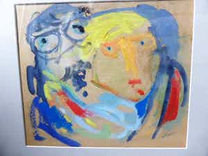 Hugo Claus - vroege gouache hand gesigneerd en verso getiteld: zelfportret met (Karel) Appel verkocht voor € 1200!