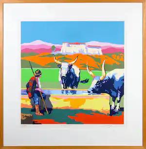Marco Kooiman - Zeefdruk, Drinking Oxen - Ingelijst vendu pour 90€ !
