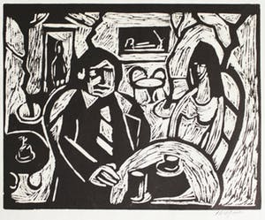 Piet Wiegman (II) - 2 linosneden - café en woonwagen (in de tuin van Sientje van Noort) kopen? Bied vanaf 20!