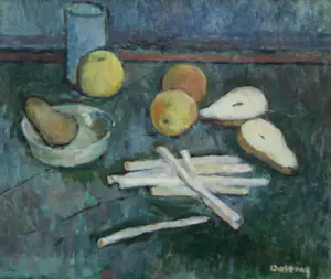 Jeanne Bieruma Oosting - Ingelijste olieverf op doek: stilleven met asperges, peren en appels kopen? Bied vanaf 1495!