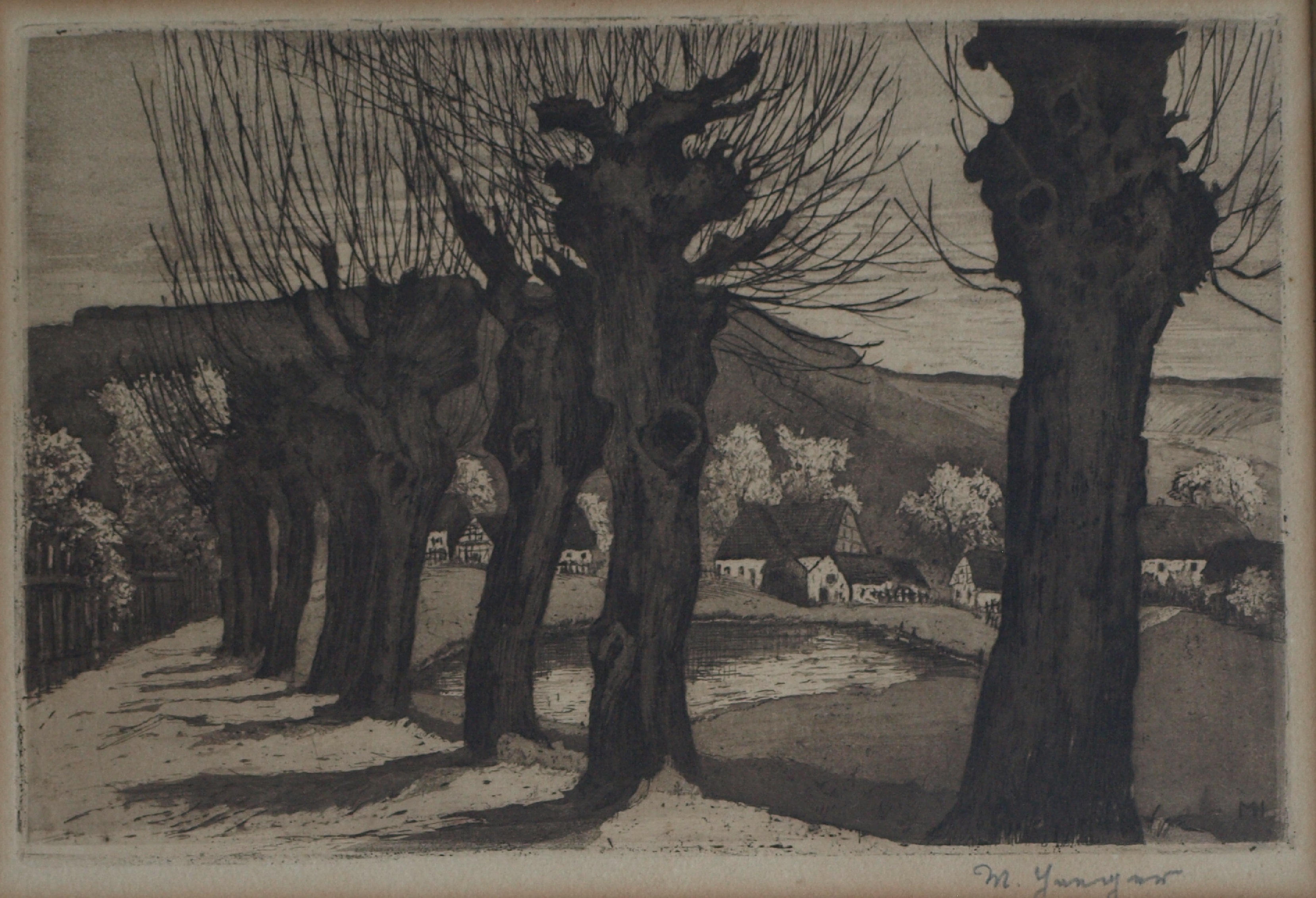 Niet of onleesbaar gesigneerd - Ets, Knotwilgen – gesigneerd & ingelijst – oud kopen? Bied vanaf 1!