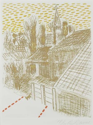 Roger Raveel - Ets, De spanning van de rust in het dorp - Ingelijst kopen? Bied vanaf 600!