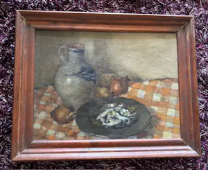 Cornelis Kievit - stilleven met vis, uien en kan kopen? Bied vanaf 85!