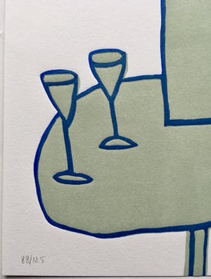 Klaas Gubbels - linosnede ‘Tafel met fles en glazen’ uit 1998 - oplage 125. kopen? Bied vanaf 195!