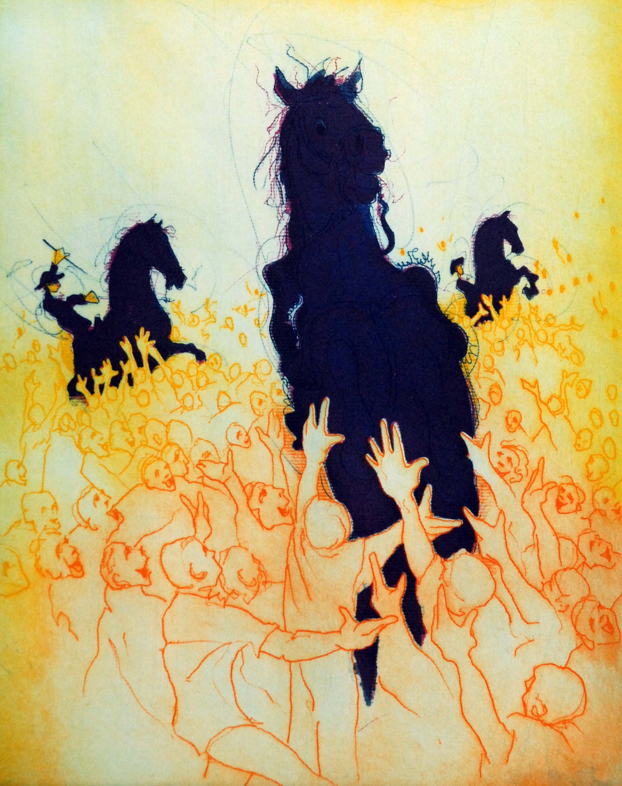 Ronald Tolman - kleurenets, 'Drie paarden in menigte', 2000 (GROOT) verkocht voor € 175!