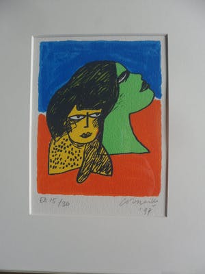 Corneille - Zeefdruk met titel, "Visage et chat jaune ". kopen? Bied vanaf 120!