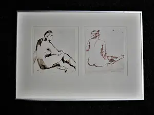 Lies Cosijn - Vooraanstaand Keramiste -Twee (2) Inkt tekeningen "Fietje" fraai ingelijst kopen? Bied vanaf 48!