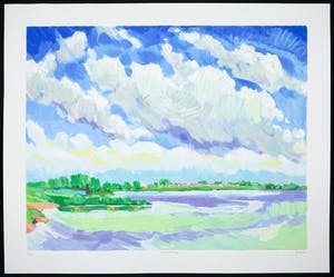 Adri Dijkhorst - Zeefdruk, Rivierlandschap kopen? Bied vanaf 35!