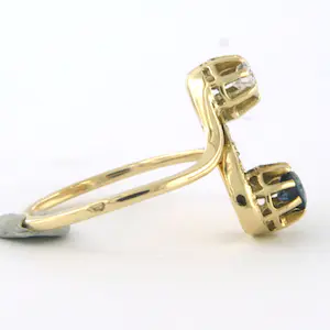 18k gouden slagring bezet met saffier en briljant en single cut geslepen diamant kopen? Bied vanaf 265!