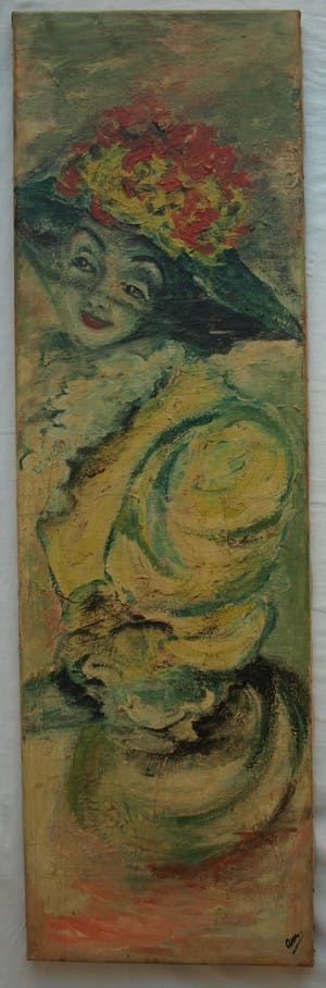 Niet of onleesbaar gesigneerd - Olieverf op doek, Vrouw met bloemetjeshoed – 100 x 30 cm - oud kopen? Bied vanaf 1!