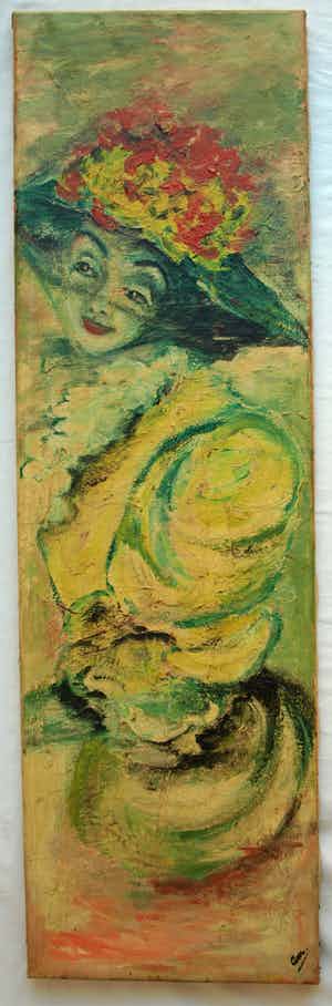 Niet of onleesbaar gesigneerd - Olieverf op doek, Vrouw met bloemetjeshoed – 100 x 30 cm - oud verkocht voor € 1!