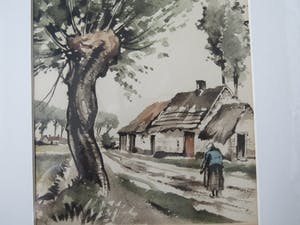 Roger Hebbelinck - dorpstraat met boerderij en wandelende vrouw kopen? Bied vanaf 28!