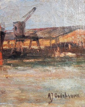 Albert Jan Oudshoorn - Aangemeerde stoomschepen, olieverf op doek (mooi ingelijst) kopen? Bied vanaf 195!
