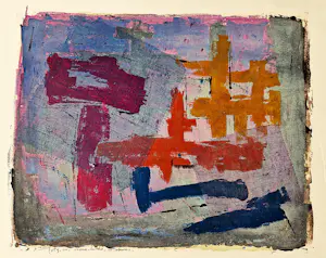AcheterWim Motz - 1960 - geometrisch abstracte kleurenlithografie - "Tekens" - potlood gesigneerd? Enchérissez de 39!