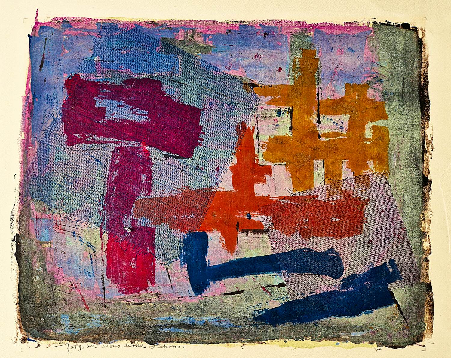 Wim Motz - 1960 - geometrisch abstracte kleurenlithografie - "Tekens" - potlood gesigneerd kopen? Bied vanaf 39!