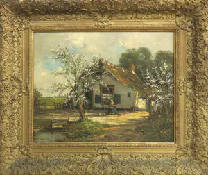 Ed. Stoffels - Olieverf op doek, Boerin op hoeve met bloesembomen kopen? Bied vanaf 150!