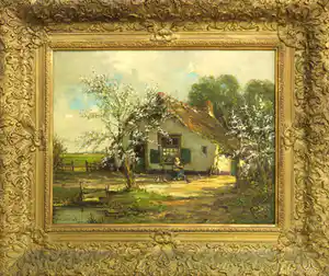 Ed. Stoffels - Olieverf op doek, Boerin op hoeve met bloesembomen verkocht voor € 150!