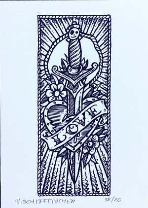 Henk Schiffmacher - Zeefdruk Love Tattoo, 35/50 verkocht voor € 50!