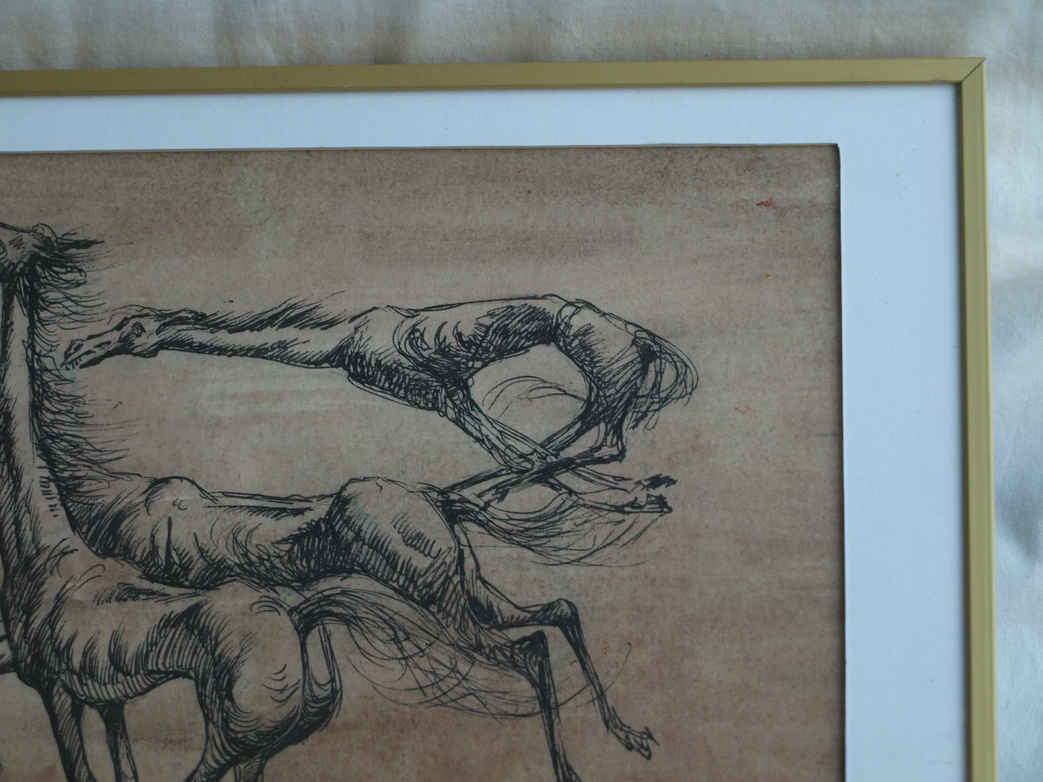 Klaas Pijlman - Pentekening , 3 Paarden – gesigneerd & ingelijst – 1966 kopen? Bied vanaf 35!