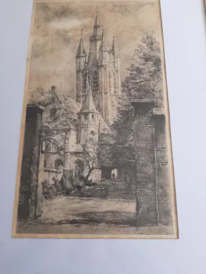 Willem Gerard Hofker - Ets, Prinsenhof en Oude Kerk te Delft kopen? Bied vanaf 45!