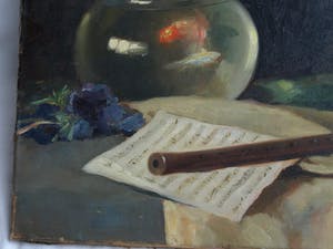 Frits Hes - Olieverf op doek, Stilleven met vissenkom en blokfluit – gesigneerd – ca 1950 kopen? Bied vanaf 100!