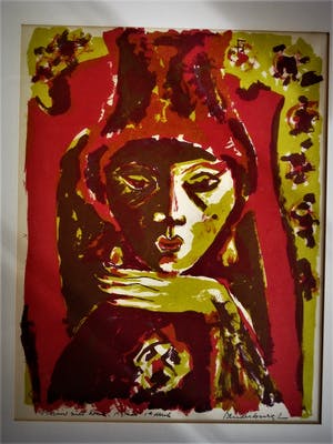 Flip van der Burgt - Mooie grote 1e druk Kleurhoutsnede "Vrouw met doek" gesigneerd kopen? Bied vanaf 10!