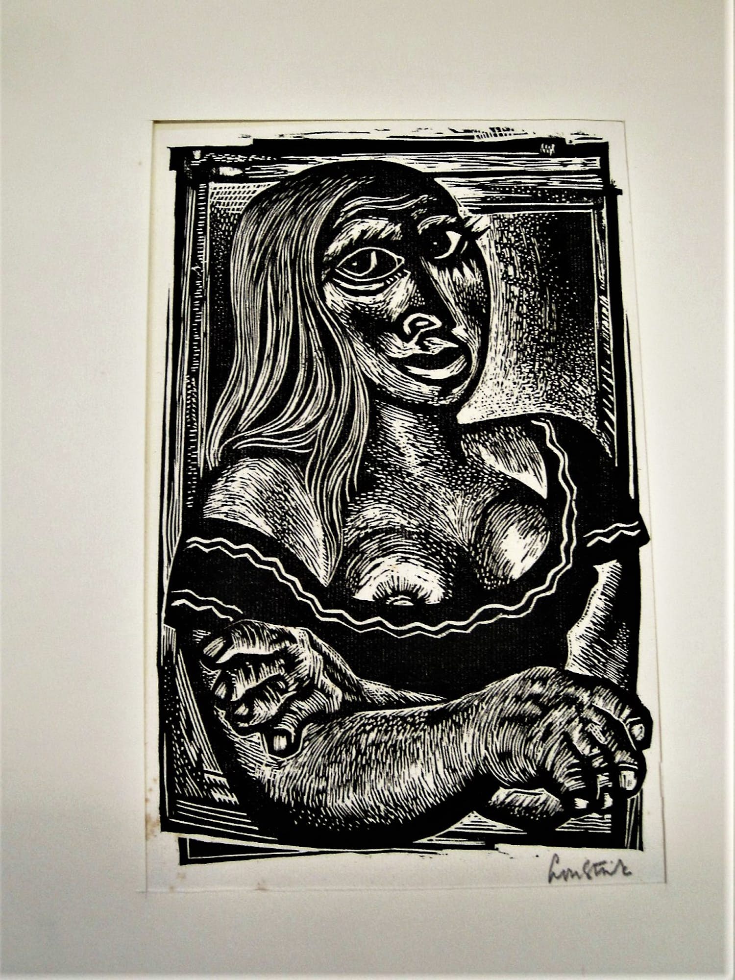 Lou Strik - Grote Hout/Linosnede zelfportret "Mona Lousa" gesigneerd kopen? Bied vanaf 37!