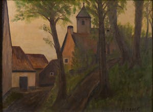 Hubert Coeck - Olieverf op paneel, Weggetje met kerk - Ingelijst kopen? Bied vanaf 1!