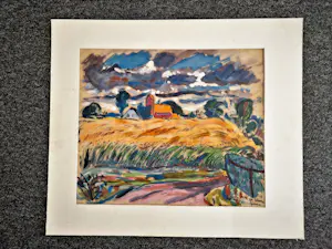 Ria Exel - GROOT, in 1948 geschilderd "landschap Groningen onder dreigend wolkendek" gesign kopen? Bied vanaf 174!