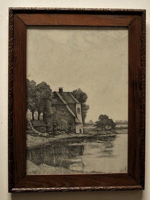 Niet of onleesbaar gesigneerd - omstreeks 1920 - Pointillistische Inkt tekening - Huis aan rivier - gesigneerd kopen? Bied vanaf 1!