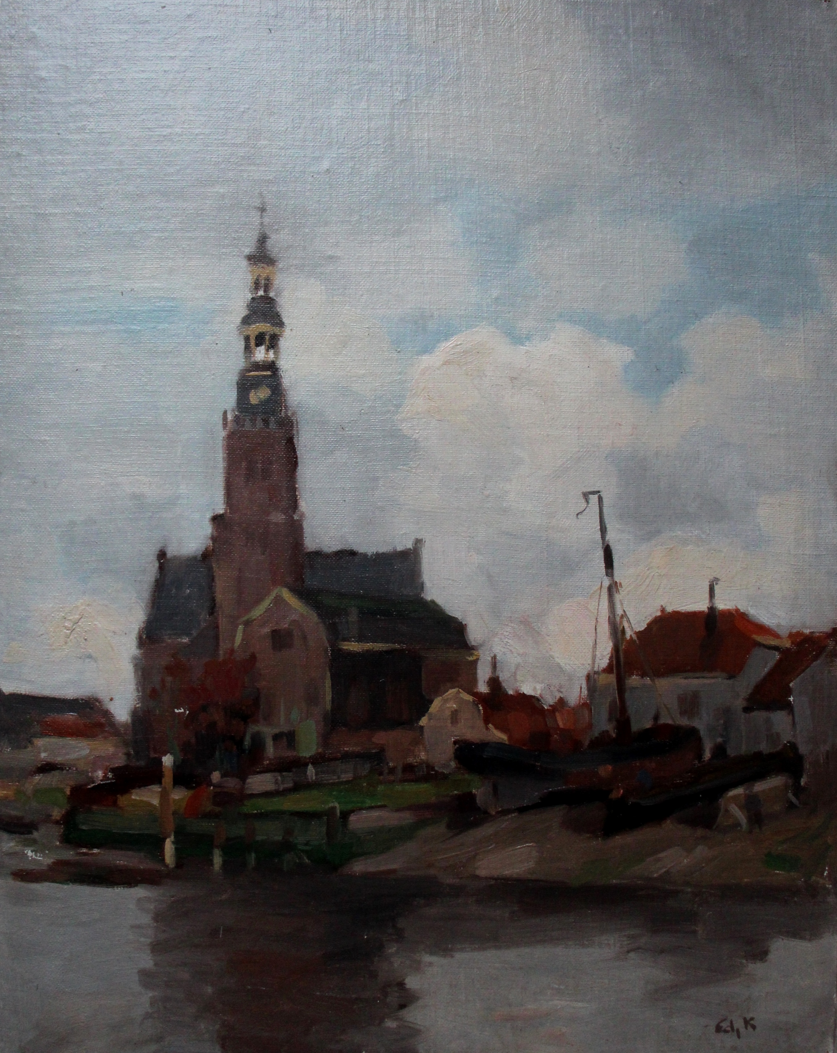 Edzard Koning - olieverf op doek op board: stad langs rivier kopen? Bied vanaf 249!