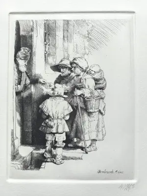 Rembrandt van Rijn - Bedelaars ontvangen een aalmoes aan de deur van een huis, ets kopen? Bied vanaf 80!