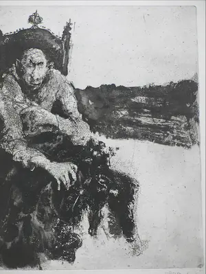 Jan Mensinga - Man met schaar op troon - Ets kopen? Bied vanaf 45!