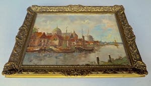 Niet of onleesbaar gesigneerd - Stadsgezicht Singel A'dam met bootjes en Lutherse kerk - Gesigneerd: W. van Dam kopen? Bied vanaf 10!