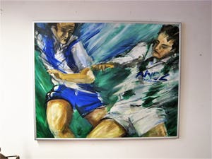 Anke Peddemors - GROOT! Acrylverf op doek - F.C. Groningen "duel om de bal" gesigneerd kopen? Bied vanaf 30!