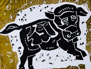 Peter Alma - Vriend van piet Mondriaan - grote olijfgroene houtsnede - "Stiertje" - ges. kopen? Bied vanaf 61!