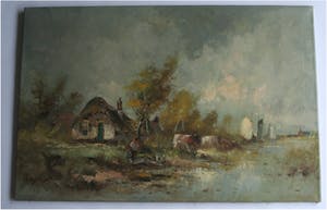 Niet of onleesbaar gesigneerd - Landschap met hoeve, koeien en zeilboten - gesigneerd kopen? Bied vanaf 1!