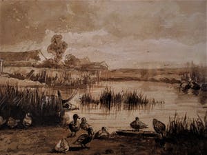 Niet of onleesbaar gesigneerd - omstreeks 1900 geschilderde Sepia - Haagse School - Eendjes aan waterkant kopen? Bied vanaf 10!