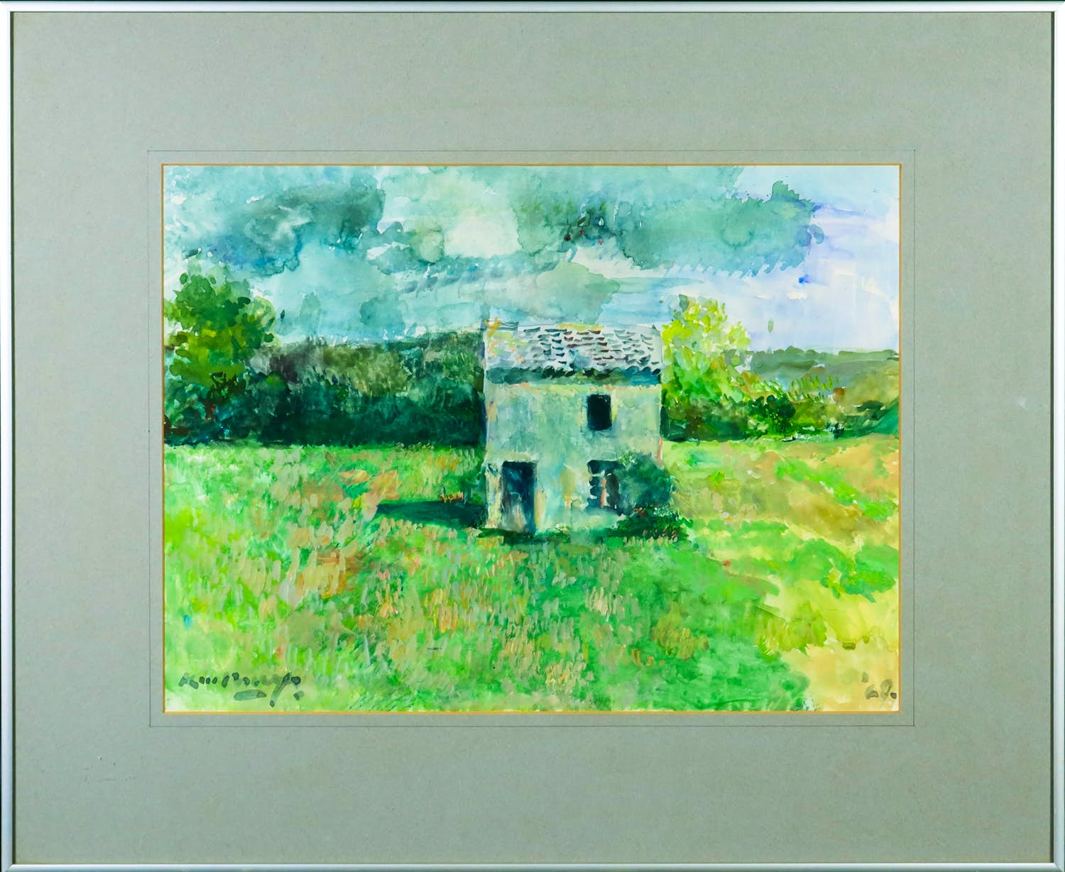 Kees Verwey - Aquarel, Landschap met huisje - Ingelijst verkocht voor € 400!