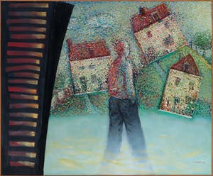 Chris van Geest - Collage/olieverf op doek (op paneel), Eerste vakantiedag - Ingelijst (Zeer groot) kopen? Bied vanaf 150!