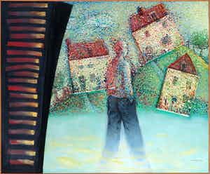 Chris van Geest - Collage/olieverf op doek (op paneel), Eerste vakantiedag - Ingelijst (Zeer groot) verkocht voor € 150!